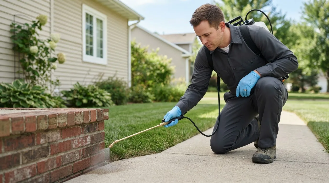 Pest control technician treating a home near Cameron Mills, NY